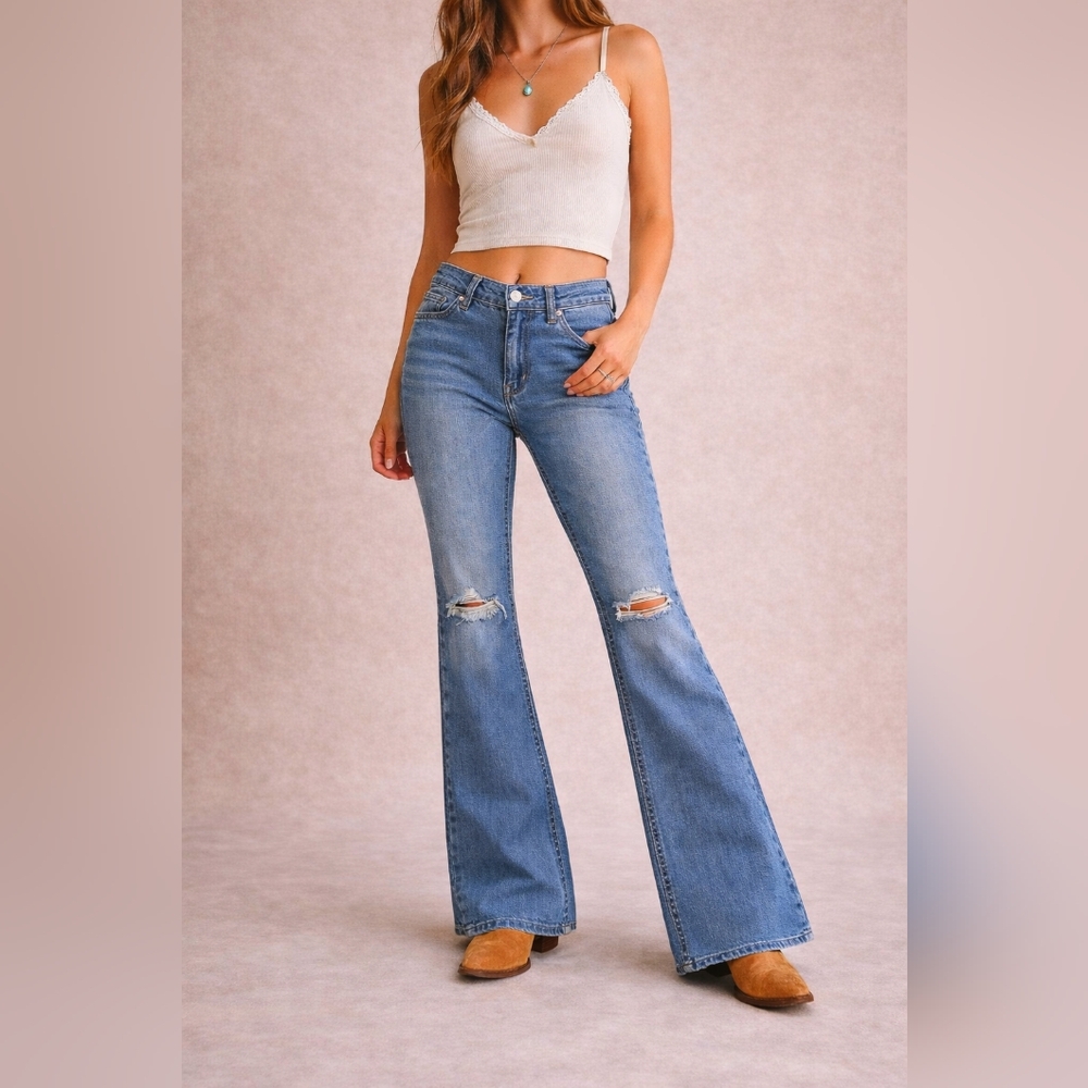 NOBO High Waisted Flare Distressed Jeans in a Medium Blue Wash - Size 9